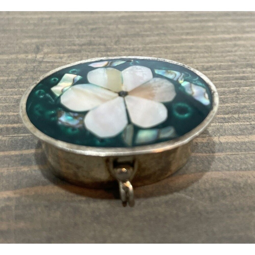 Vtg Flower Mosaic Inlay Silver Pill Trinket Box Alpaca Mexico Abalone Shell 1.5”